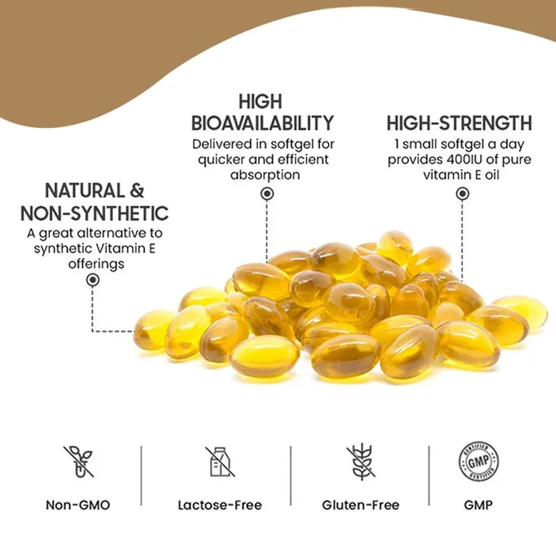 Antioxidant Vitamin E Supplements, with Tocopherols & Safflower Oil, Boost Elasticity, Shrink Pores, Combat Aging