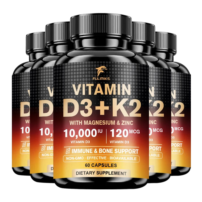 High Vitamin D3 K2 10000 IU Capsules, with Magnesium Blend & Vitamin, Support Immune, Heart, Joint, Teeth & Bone Health