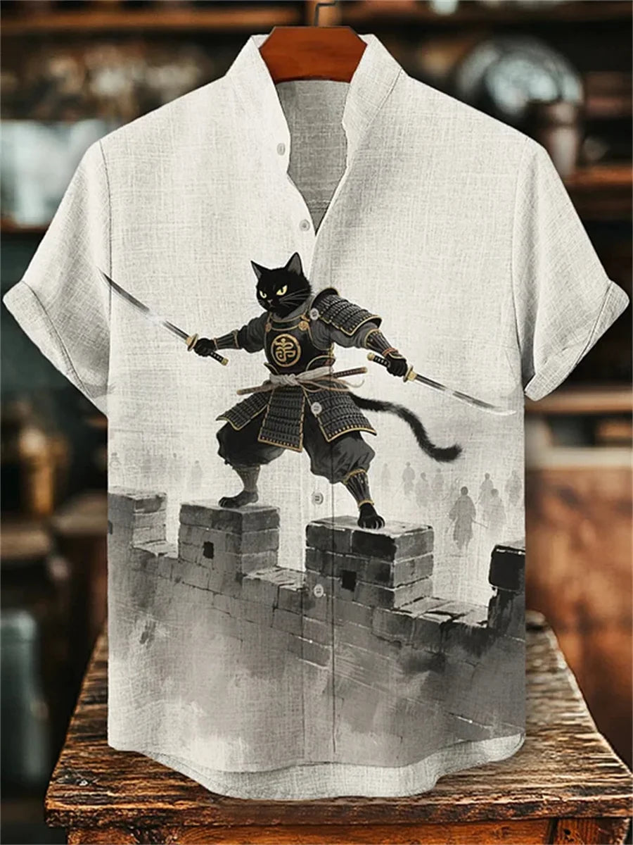 Men's ink-wash style samurai cat print short-sleeved shirt, stand-up collar casual men's top, outdoor casual Hawaiian shirt.