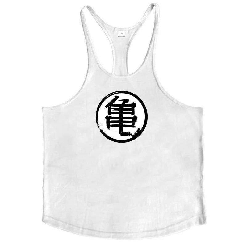 Japanese Anime Turtle Script Printed Mens Y Back Gym Clothing Cotton Fitness Tank Top Bodybuilding Muscle Stringer Singlets