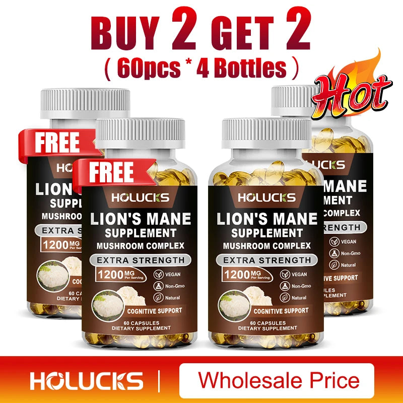 Lion's Mane Mushroom Complex Capsules, for Focus Support & Immune Health, Improve Memory, Protect Brain Nerves, Relieve Stress
