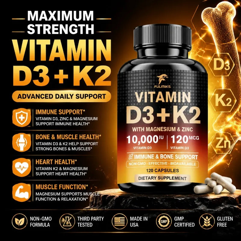 High Vitamin D3 K2 10000 IU Capsules, with Magnesium Blend & Vitamin, Support Immune, Heart, Joint, Teeth & Bone Health