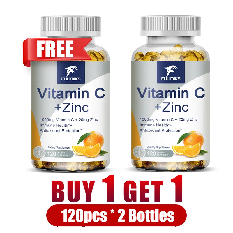 Buy 1 Get 1 Free! Premium Vitamin C + Zinc Supplement, for Wound Healing, Reduces Oxidative Stress & Promotes Clear Skin, Vegan