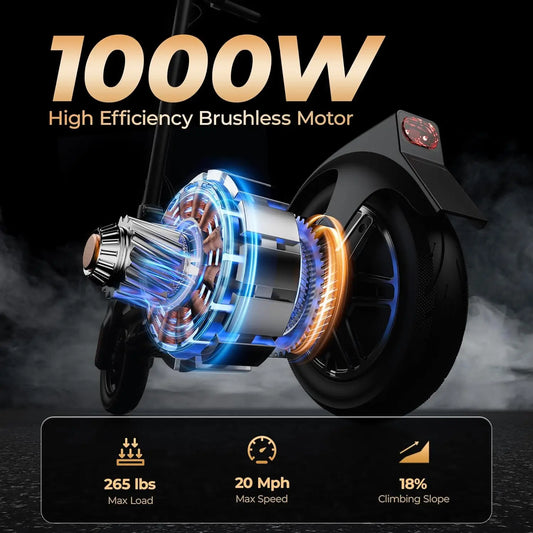 Electric Scooter Max Speed 20 Mph, 1000W, 10" Tubeless Tires, 40 Max Miles Range Folding E-Scooter APP Smart Support Family Use