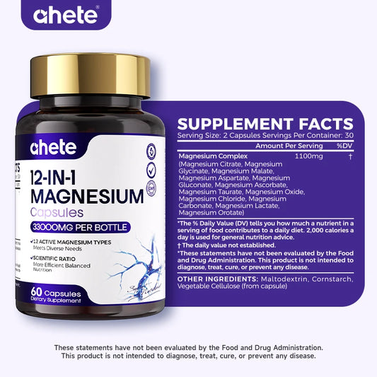 AHETE 12-in-1 Magnesium Capsules - Comprehensive Supplementation Of 12 Forms Of Magnesium