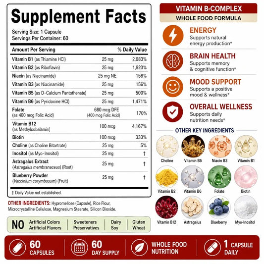 B Complex Vitamins Supplement with Biotin B12 Folate Blueberry Astragalus Herbal Blend for Daily Energy Wellness Support 60 Ct