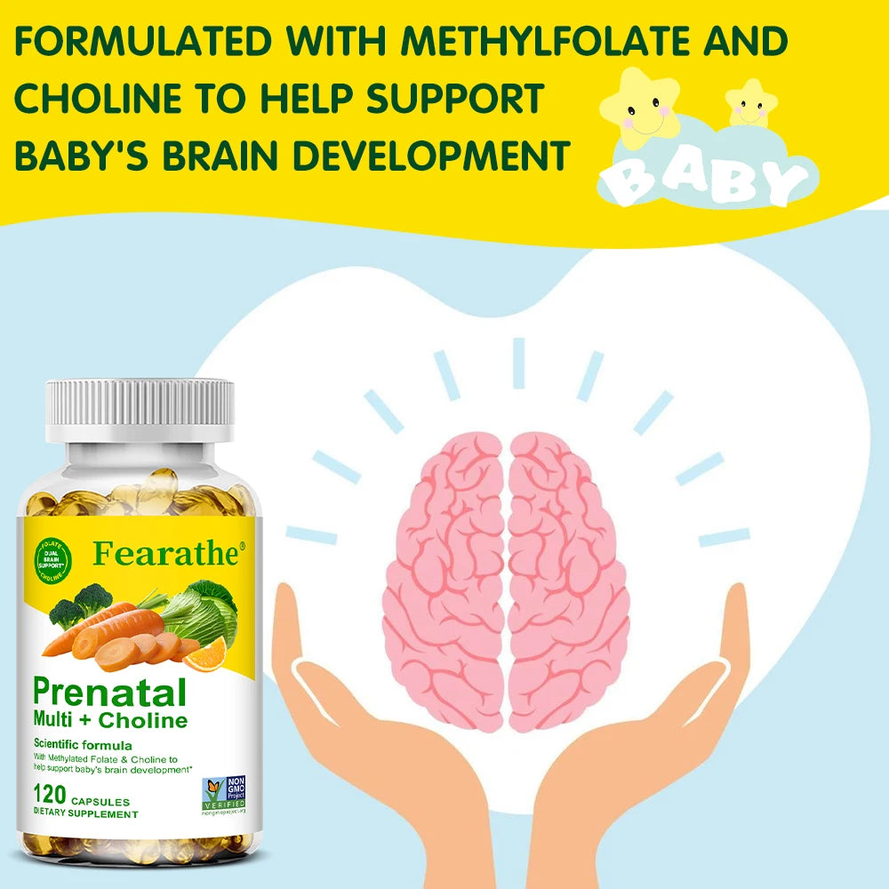 Prenatal Multivitamin Capsules, Choline Biotin Iron Calcium Zinc Complex, Daily Nutrient Supplement for Pregnant Women, Non-GMO
