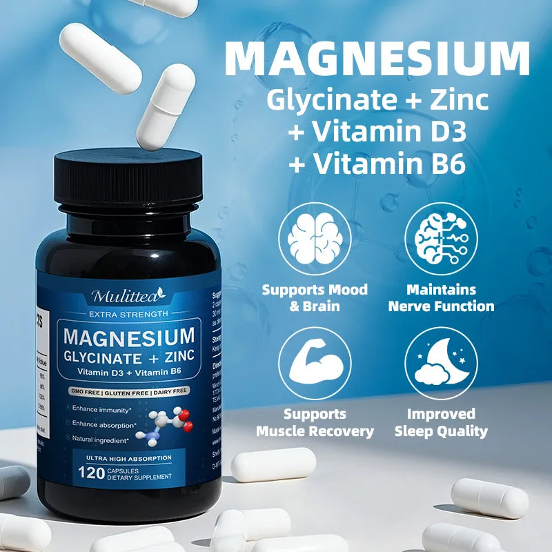 Mulittea Magnesium Glycinate + Zinc with Vitamin D3 & B6 | Extra Strength for Immunity, Energy & Sleep Support, Non-GMO