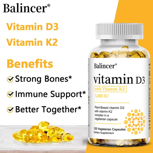 Vitamin D3 5000IU+ K2 (MK7) 1100mcg Capsules - Bone Teeth Joint Heart Circulation & Immunity System Health Support, Vegan