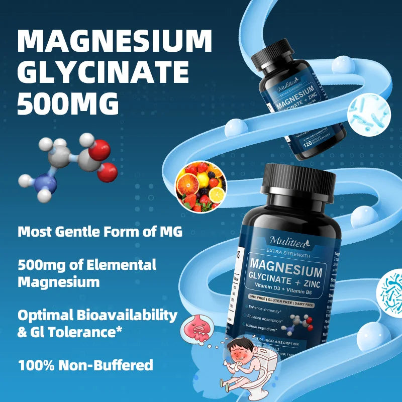 Mulittea Magnesium Glycinate + Zinc with Vitamin D3 & B6 | Extra Strength for Immunity, Energy & Sleep Support, Non-GMO