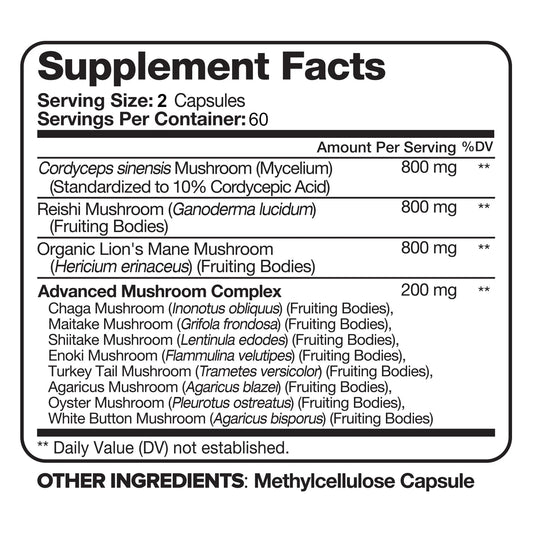 Mushroom Complex Supplement, Boosts Memory, Supports Brain Function, Boosts Heart & Immune Support, Boosts Immune System