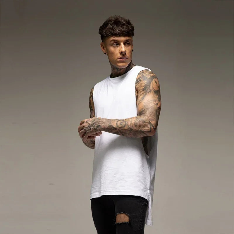 Plain Mens Fitness Sport Clothing Gym Bodybuilding Muscle Tank Tops Cotton Hip-Hop Singlets Extend Cut Off Sleeveless T-shirts