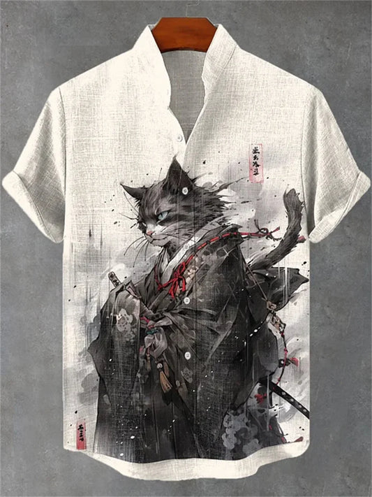Men's ink-wash style samurai cat print short-sleeved shirt, stand-up collar casual men's top, outdoor casual Hawaiian shirt.