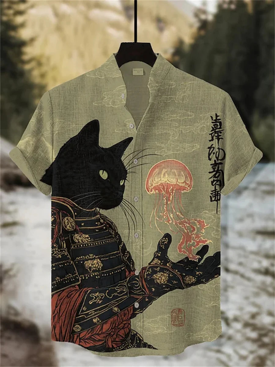 Men's ink-wash style samurai cat print short-sleeved shirt, stand-up collar casual men's top, outdoor casual Hawaiian shirt.