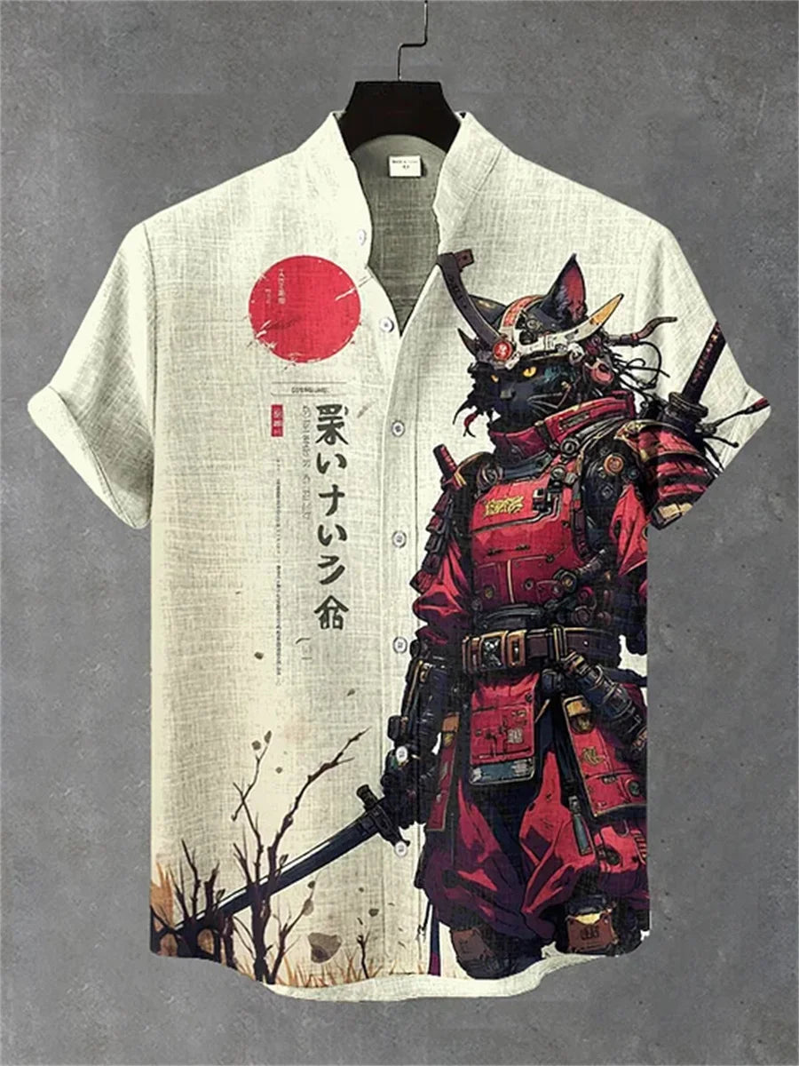 Men's ink-wash style samurai cat print short-sleeved shirt, stand-up collar casual men's top, outdoor casual Hawaiian shirt.