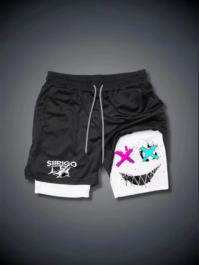 2024 Men's Smiling Face Printed Fitness Shorts Double-Layer 2-in-1 Quick Drying Fitness Outdoor Leisure Training Sports Shorts