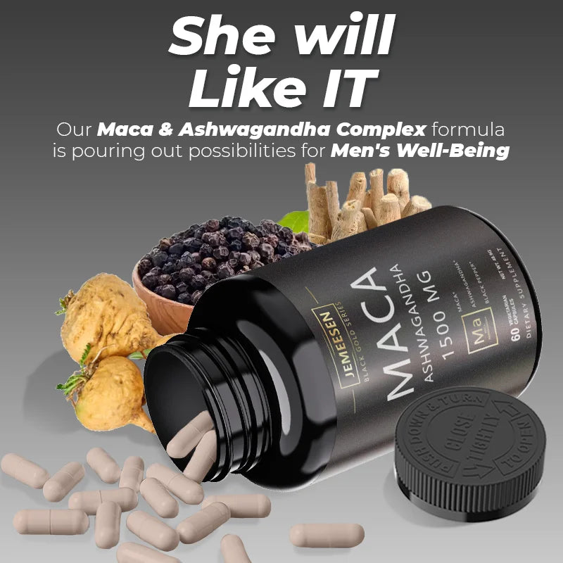 Organic Maca Root Powder Capsules 1500mg containing Maca Root Extract,Ashwagandha,Black Pepper, Supplements for Men