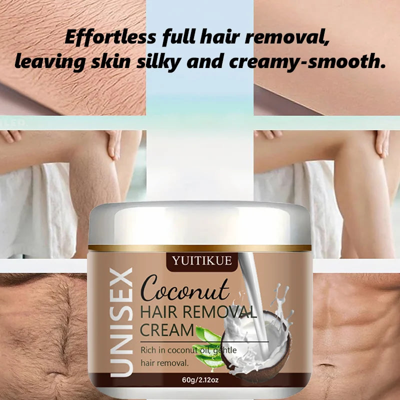 YUITIKUE Unisex Coconut Hair Removal Cream - Dissolves Hair Roots, No Stubble for Silky Smooth Skin 60g