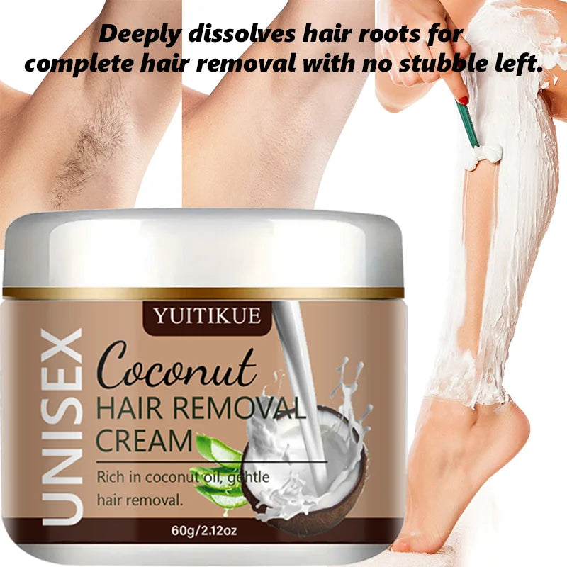 YUITIKUE Unisex Coconut Hair Removal Cream - Dissolves Hair Roots, No Stubble for Silky Smooth Skin 60g
