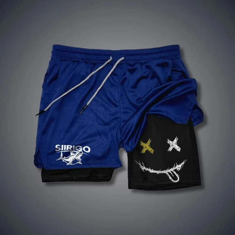 2024 Men's Smiling Face Printed Fitness Shorts Double-Layer 2-in-1 Quick Drying Fitness Outdoor Leisure Training Sports Shorts