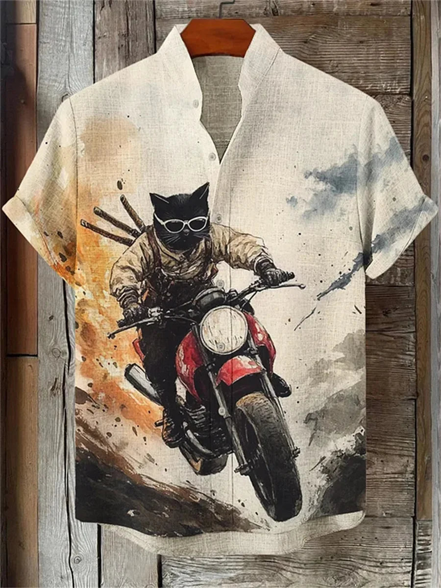 Men's ink-wash style samurai cat print short-sleeved shirt, stand-up collar casual men's top, outdoor casual Hawaiian shirt.