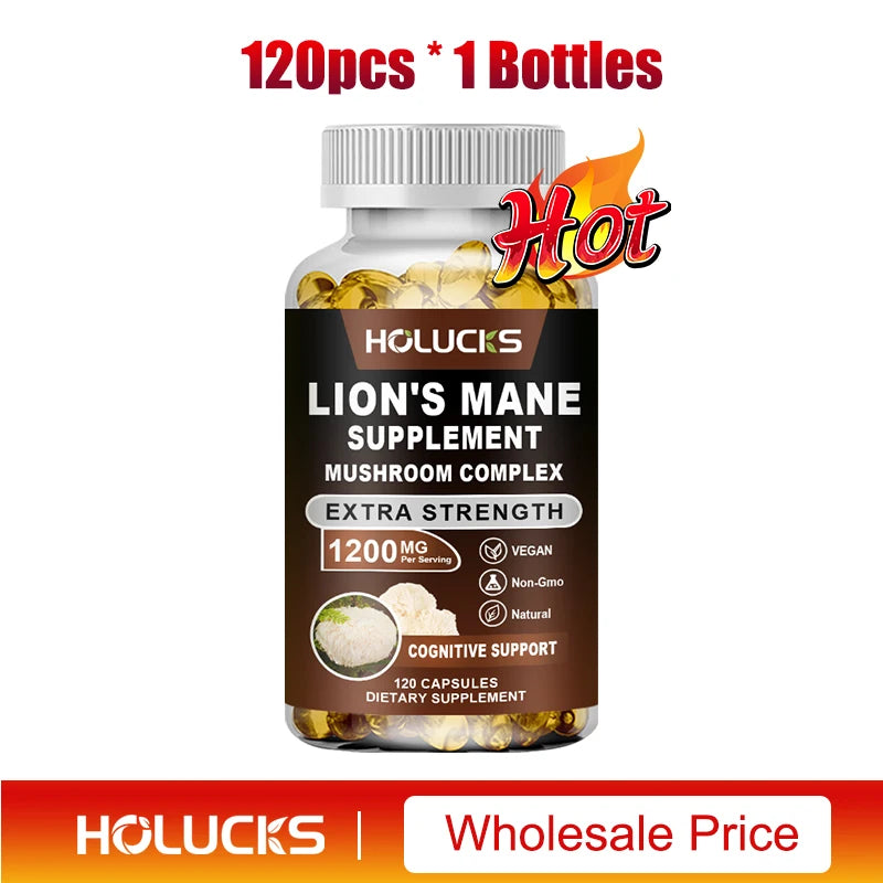 Lion's Mane Mushroom Complex Capsules, for Focus Support & Immune Health, Improve Memory, Protect Brain Nerves, Relieve Stress