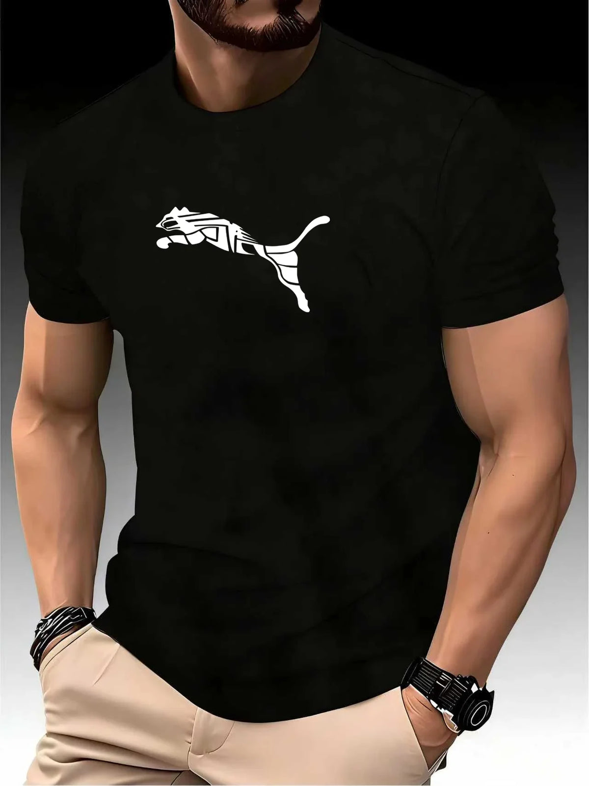New Summer Luxury Men's Fashion Fox Leopard Print T-shirt Crewneck Casual High-end Fitness Sports T-shirt