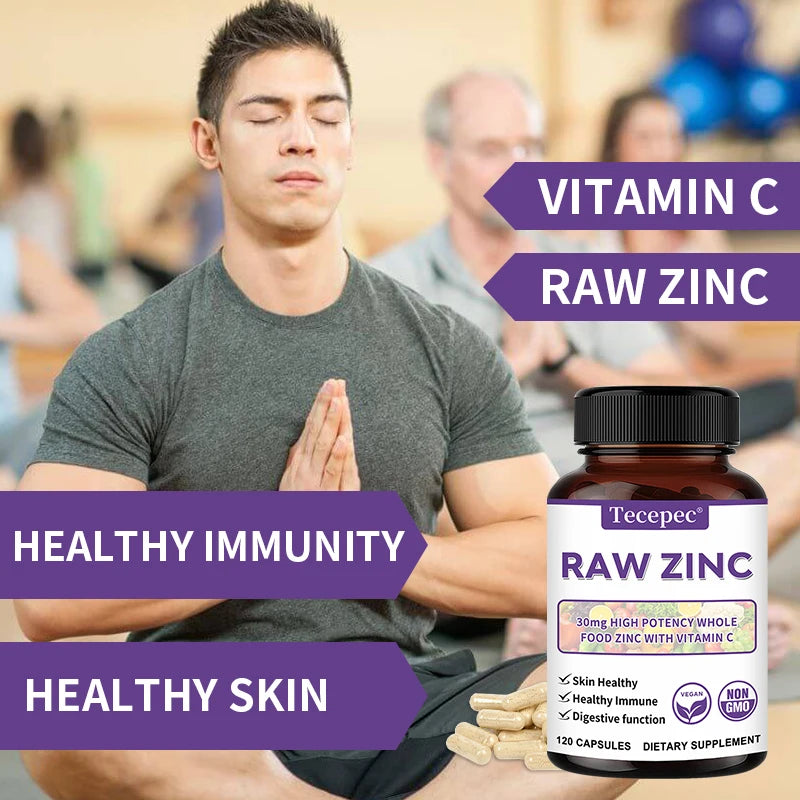 Zinc Vitamins - Raw Zinc Whole Food Supplement with Vitamin C, Vegetarian, for Skin Health, Immune & Digestive Function