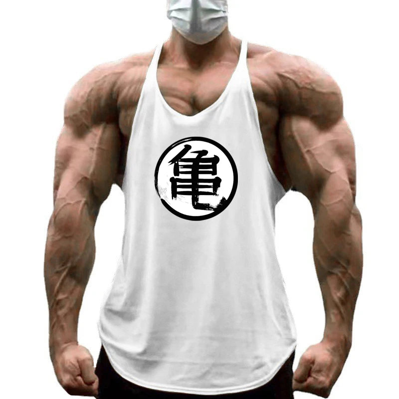 Japanese Anime Turtle Script Printed Mens Y Back Gym Clothing Cotton Fitness Tank Top Bodybuilding Muscle Stringer Singlets