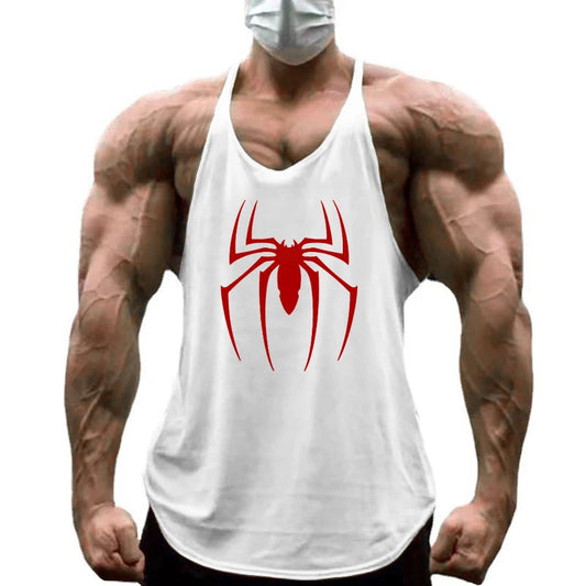 Red Spider Printed Sleeveless Cotton Y-back Tank Tops Gym Fitness Bodybuilding Sport Shirts Breathable Mens Workout Muscle Vests
