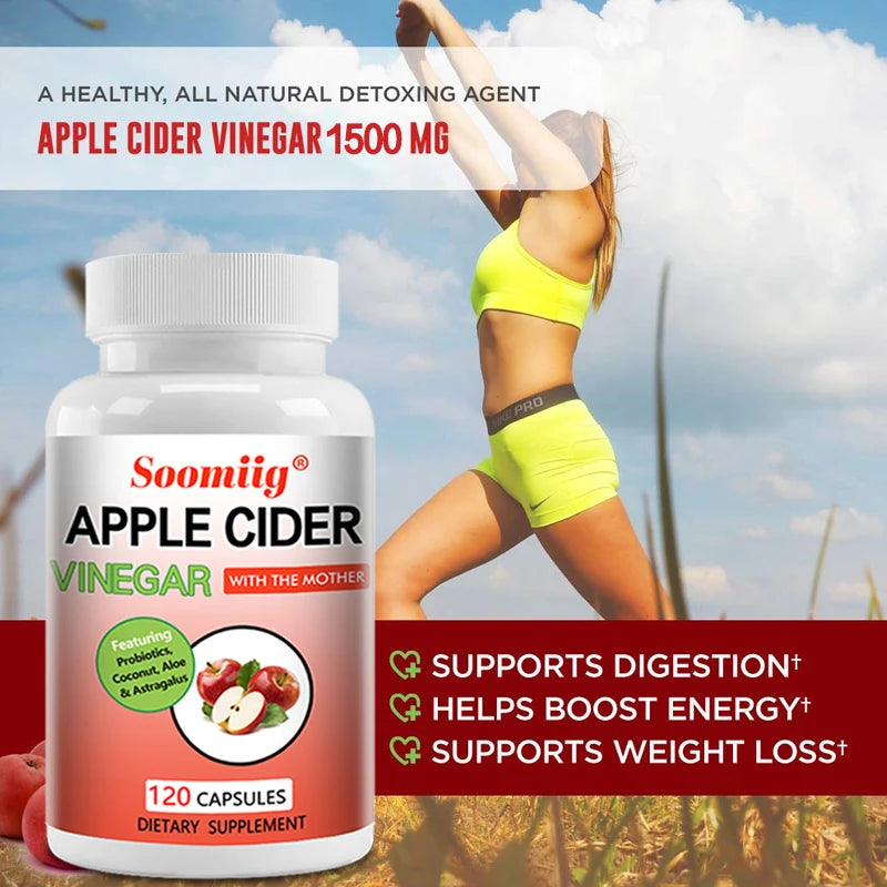 Apple Cider Vinegar Capsules 1500mg, Natural Detox, Fat Burning, Appetite Suppressant, Improves Digestion, Energy, Non-GMO