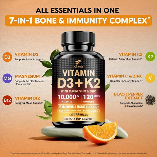 High Vitamin D3 K2 10000 IU Capsules, with Magnesium Blend & Vitamin, Support Immune, Heart, Joint, Teeth & Bone Health