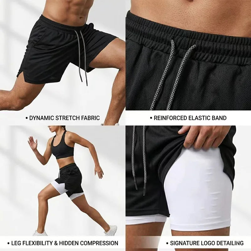 Men's UFC GYM 2-in-1 Compression Shorts Quick Dry Breathable Running Gym Training Shorts with Built-in Liner