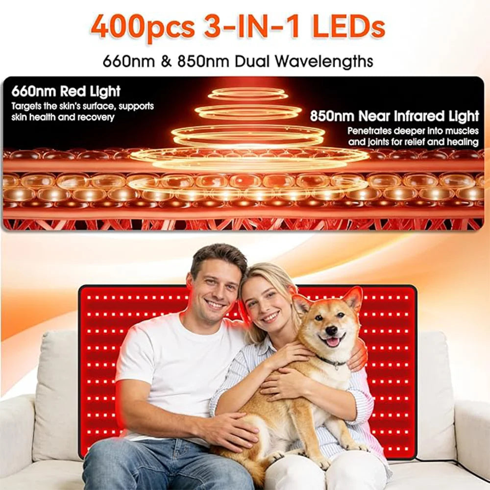 Red Light Mat for Body Large 39"x24" Infrared Light Pad with 400 LEDs Tri-Chip 660nm & 850nm for Back Leg Joint & Muscle Pain
