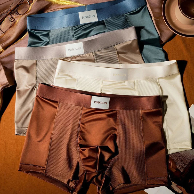 4-Piece Set Of Men's Satin Ice Silk Boxer Shorts, Semi Mesh Breathable Casual Underwear, Men's Comfortable Sports Boxer Shorts