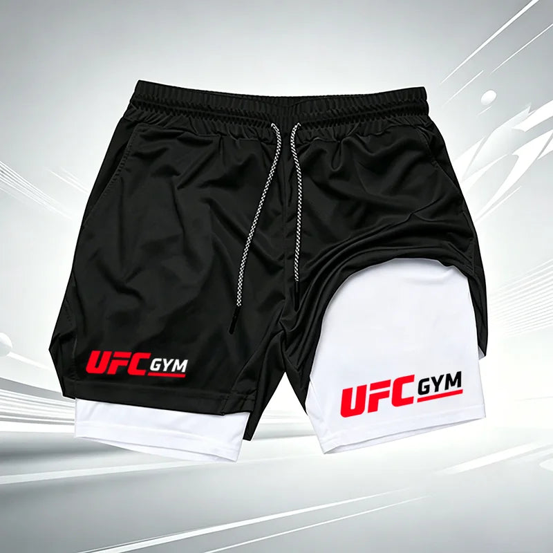 Men's UFC GYM 2-in-1 Compression Shorts Quick Dry Breathable Running Gym Training Shorts with Built-in Liner