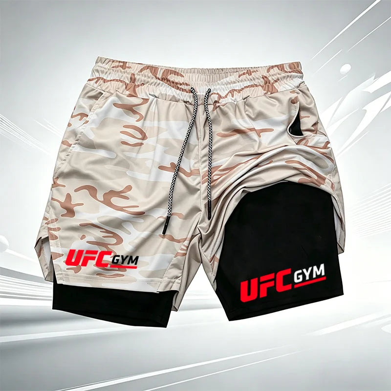 Men's UFC GYM 2-in-1 Compression Shorts Quick Dry Breathable Running Gym Training Shorts with Built-in Liner