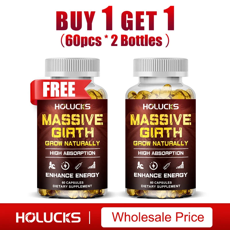 Buy 1 Get 1 Free! Massive Girth Supplement, for Enhanced Blood Flow, Stamina & Overall Male Performance, Overall Wellness, Vegan
