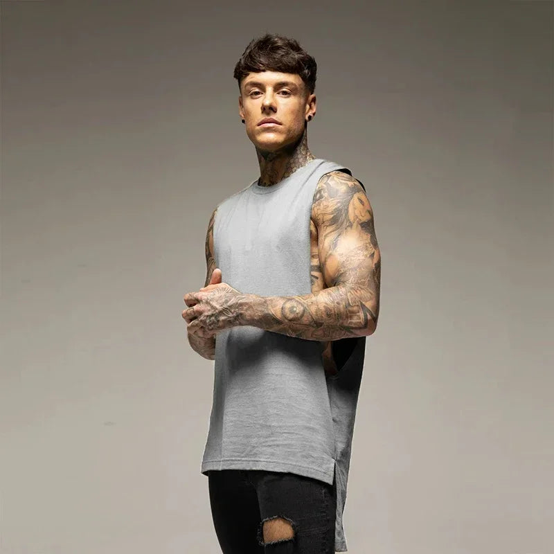 Plain Mens Fitness Sport Clothing Gym Bodybuilding Muscle Tank Tops Cotton Hip-Hop Singlets Extend Cut Off Sleeveless T-shirts