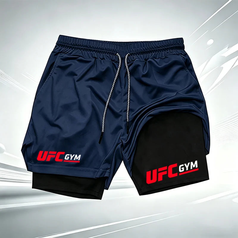 Men's UFC GYM 2-in-1 Compression Shorts Quick Dry Breathable Running Gym Training Shorts with Built-in Liner
