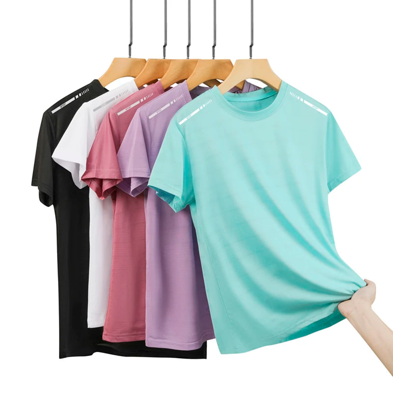 Women Reflective Running T-Shirt High Elastic Mesh Breathable Quick-Dry Ice Silk Sport Top Summer Cool Short Sleeve Active Tee