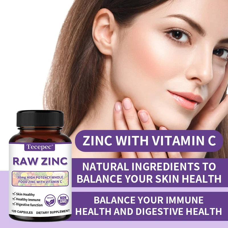 Zinc Vitamins - Raw Zinc Whole Food Supplement with Vitamin C, Vegetarian, for Skin Health, Immune & Digestive Function