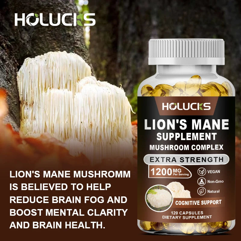 Lion's Mane Mushroom Complex Capsules, for Focus Support & Immune Health, Improve Memory, Protect Brain Nerves, Relieve Stress