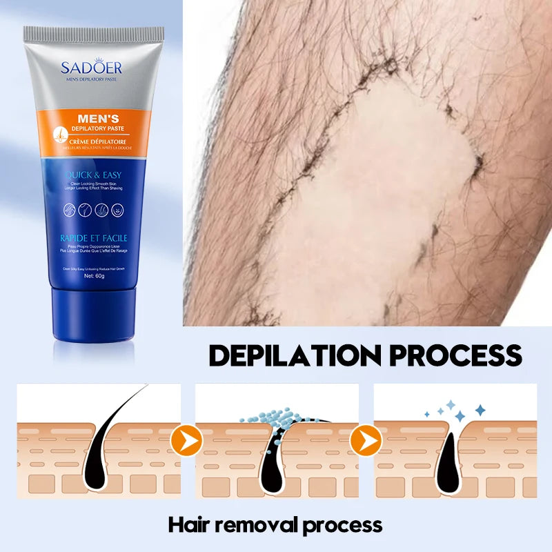 SADOER Men's Painless Hair Removal Cream, a fast-acting and gentle hair removal agent that moisturizes and soothes the skin