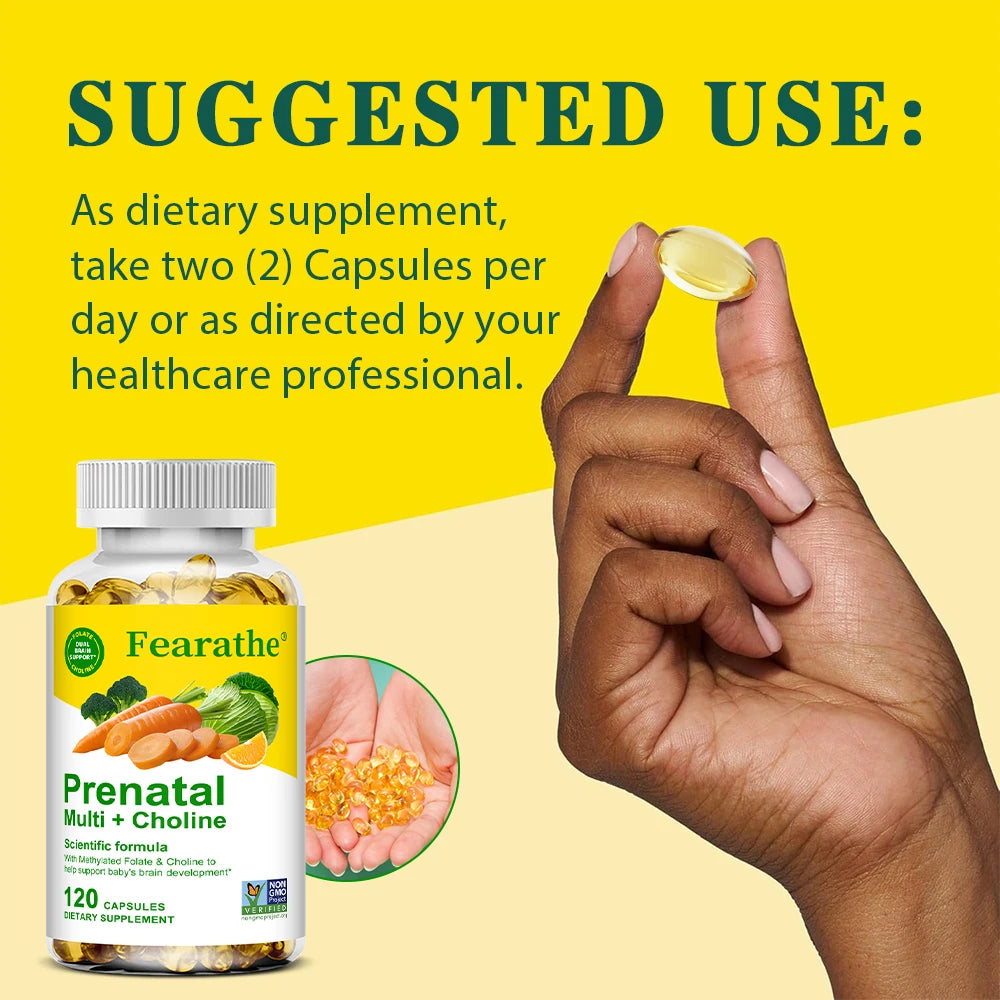 Prenatal Multivitamin Capsules, Choline Biotin Iron Calcium Zinc Complex, Daily Nutrient Supplement for Pregnant Women, Non-GMO
