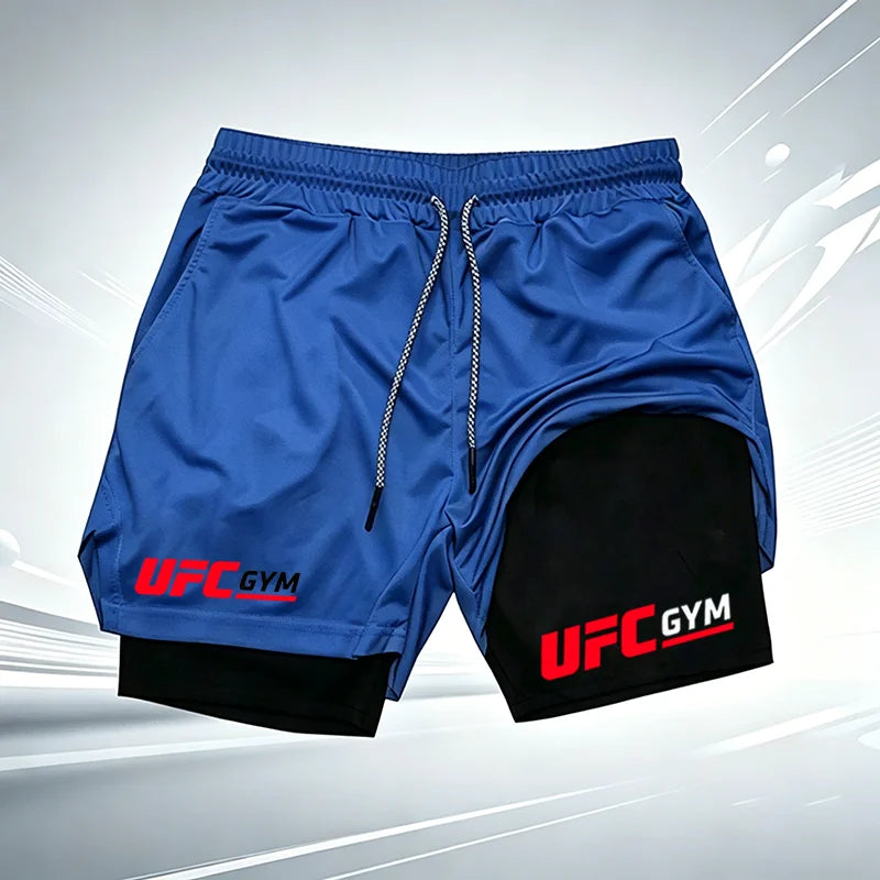 Men's UFC GYM 2-in-1 Compression Shorts Quick Dry Breathable Running Gym Training Shorts with Built-in Liner