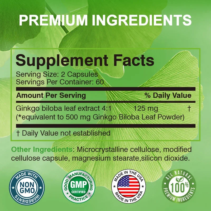 Ginkgo Biloba Extract Capsules - Promotes Brain Function and Memory, Attention, Antioxidant, Anti-Aging, Vegetarian