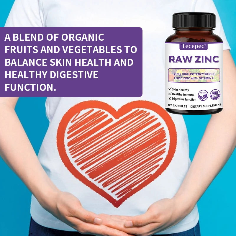 Zinc Vitamins - Raw Zinc Whole Food Supplement with Vitamin C, Vegetarian, for Skin Health, Immune & Digestive Function