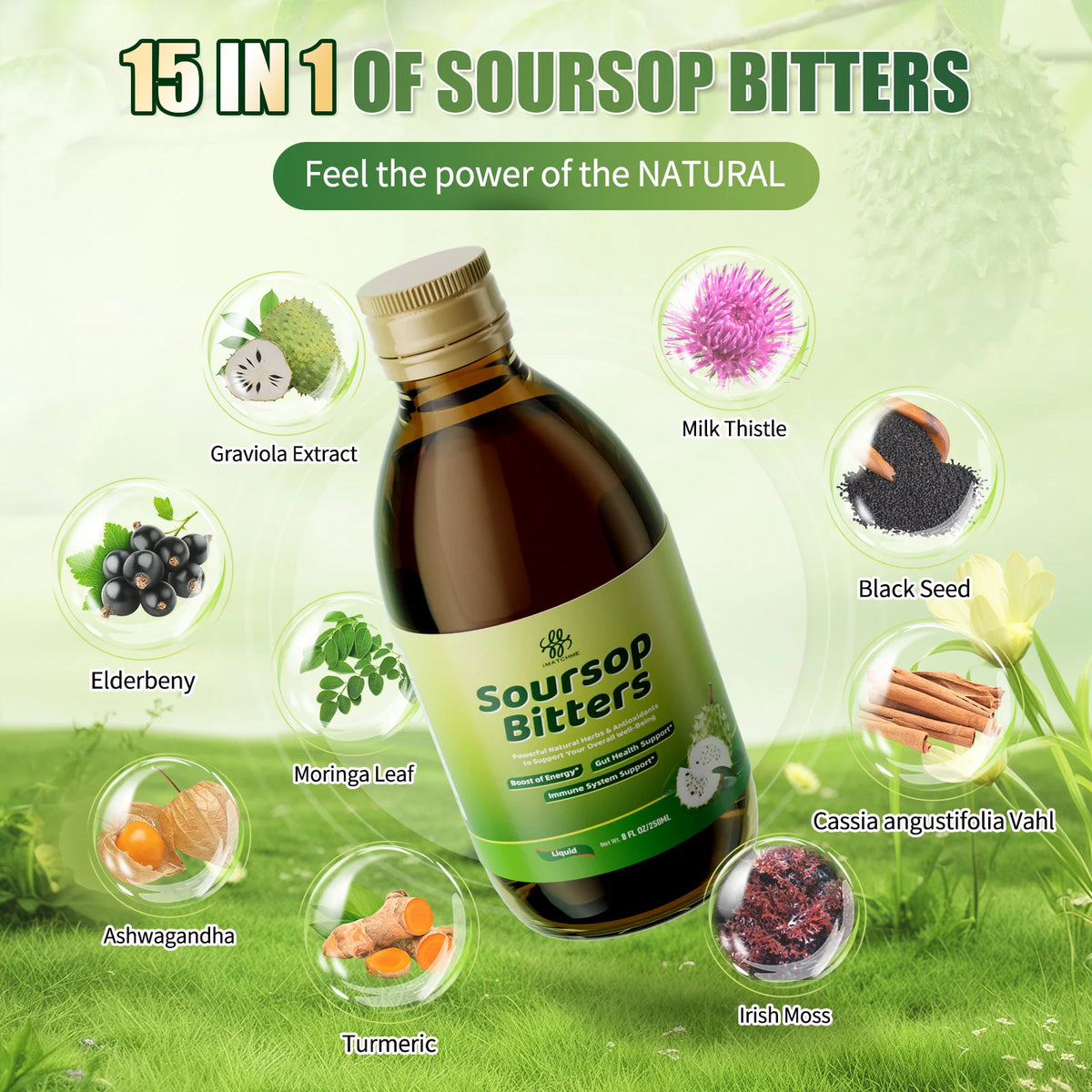 Soursop Bitters Liquid with Moringa & Turmeric for Digestive & Gut Cleanse, Antioxidant,Skin Health,Cell Regeneration,Immune