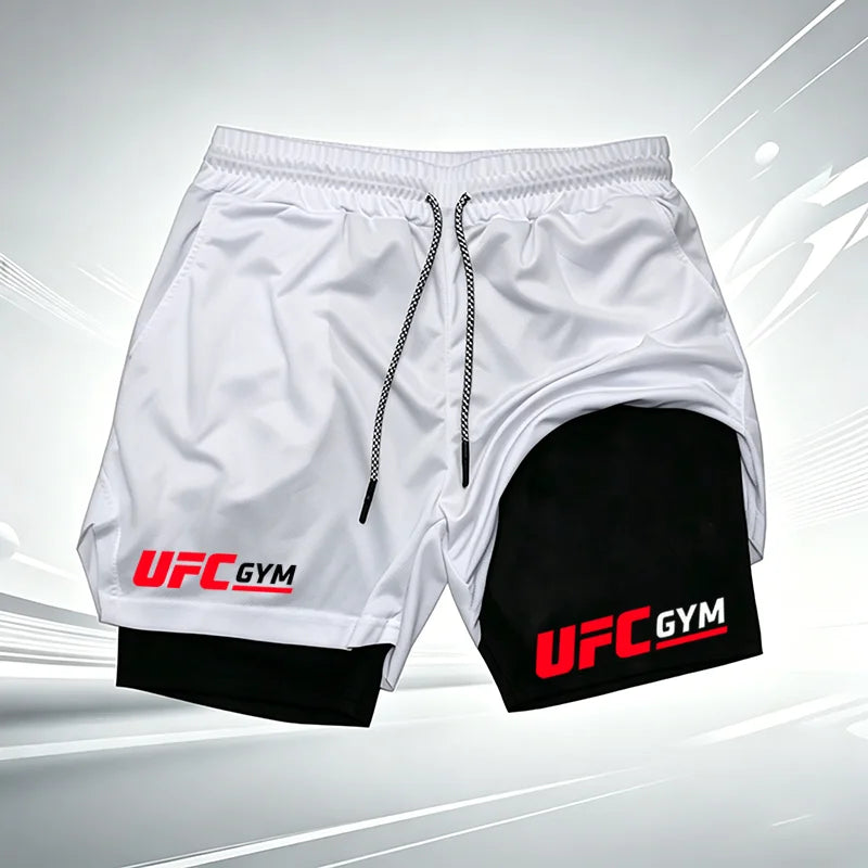 Men's UFC GYM 2-in-1 Compression Shorts Quick Dry Breathable Running Gym Training Shorts with Built-in Liner